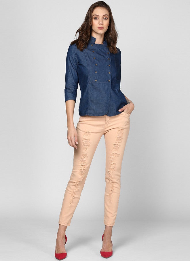 StyleStone بلوزة دنيم ملفوفة للنساء من ستايل ستون باللون الأزرق الصلب - Image 5