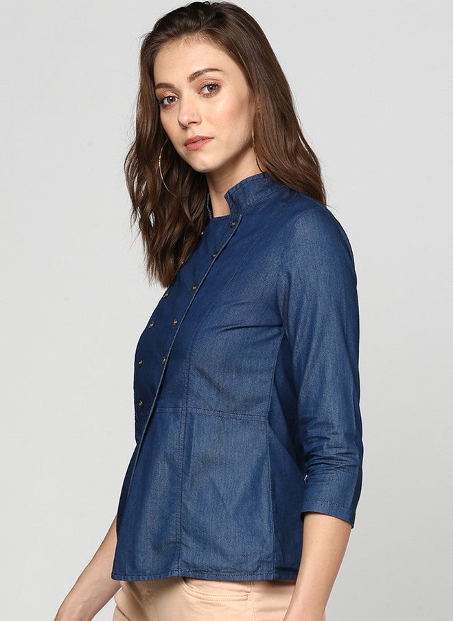 StyleStone بلوزة دنيم ملفوفة للنساء من ستايل ستون باللون الأزرق الصلب - Image 3