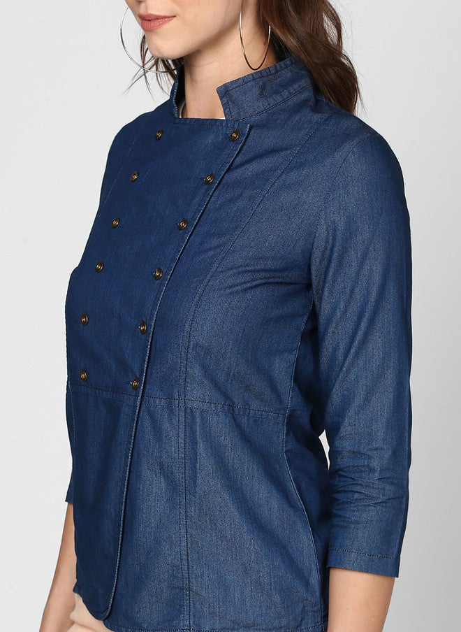 StyleStone بلوزة دنيم ملفوفة للنساء من ستايل ستون باللون الأزرق الصلب - Image 2