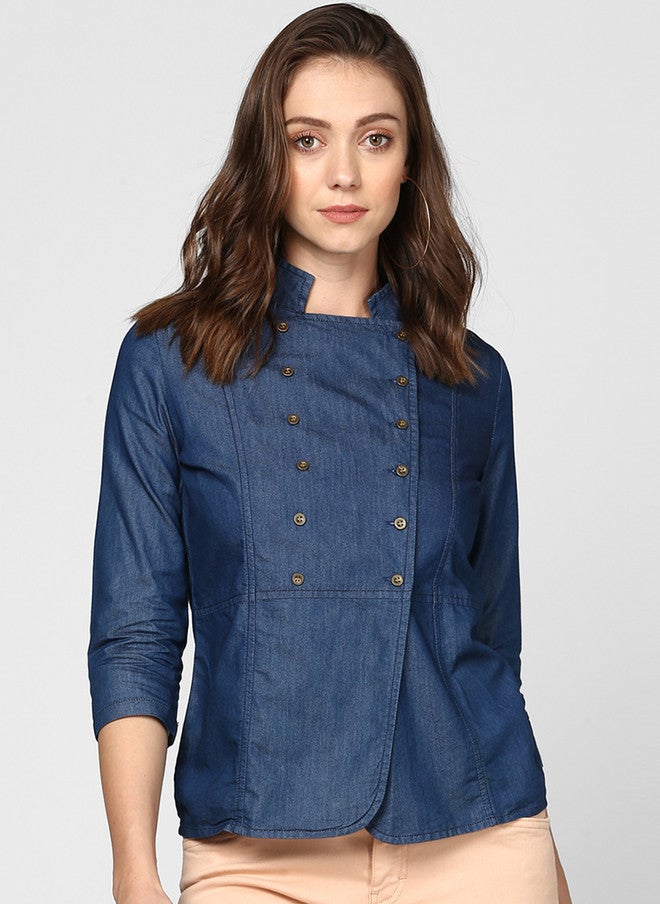 StyleStone بلوزة دنيم ملفوفة للنساء من ستايل ستون باللون الأزرق الصلب - Image 1