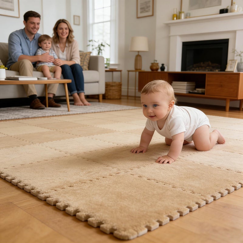 Jaderlu 16pcs 0.6" Thickened Interlocking Tile Mats,Fluffy Shaggy Soft EVA Foam Area Rug for Living Room & Bedroom,Non-Slip Protective Floor Carpet Play Mat Kids Baby Dorm Home Decor (11.8ft, Khaki) - Image 5