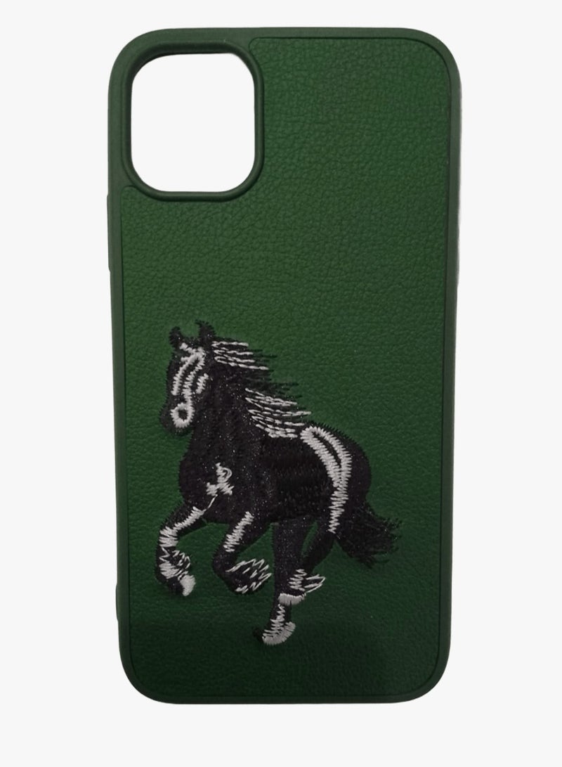 كيس جراب هاتف مضاد للصدمات بتصميم تطريز حصان لهاتف آيفون 13برو ماكس باللون الاخضر