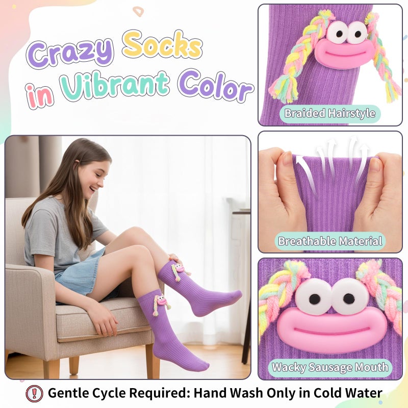 COZYMATE Crazy Socks for Kids Funny Novelty Silly Braid Hair Socks for Boys Girls Halloween Christmas Crazy Sock Day (US, Alpha, One Size, Regular, Braid-Purple) - Image 4