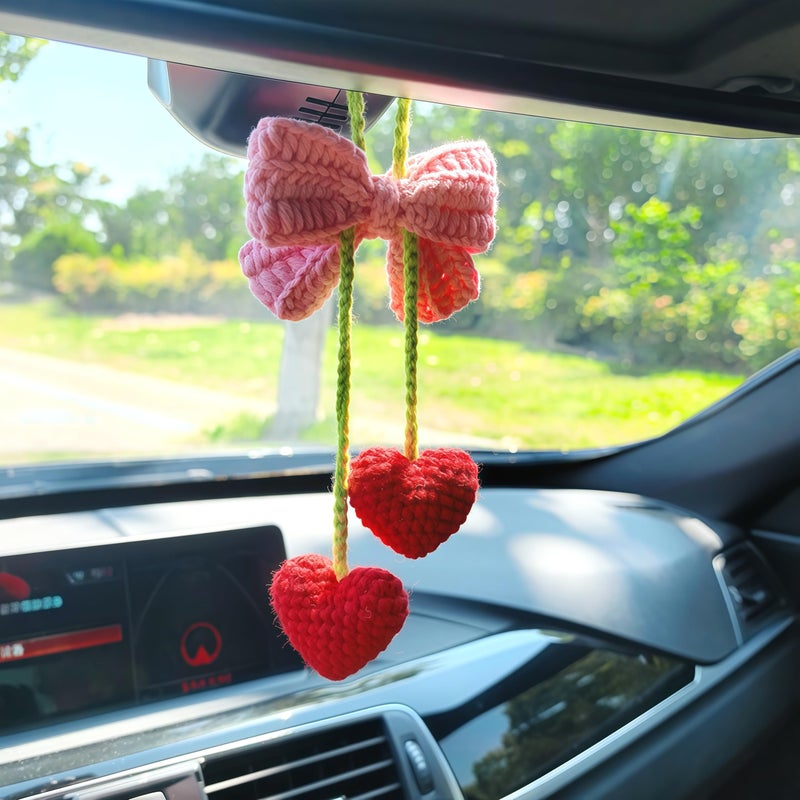 Mshion Cute Bowknot Love Car Mirror Hanger, Crochet Hand Knitted Rear View Mirror Accessory - Image 1