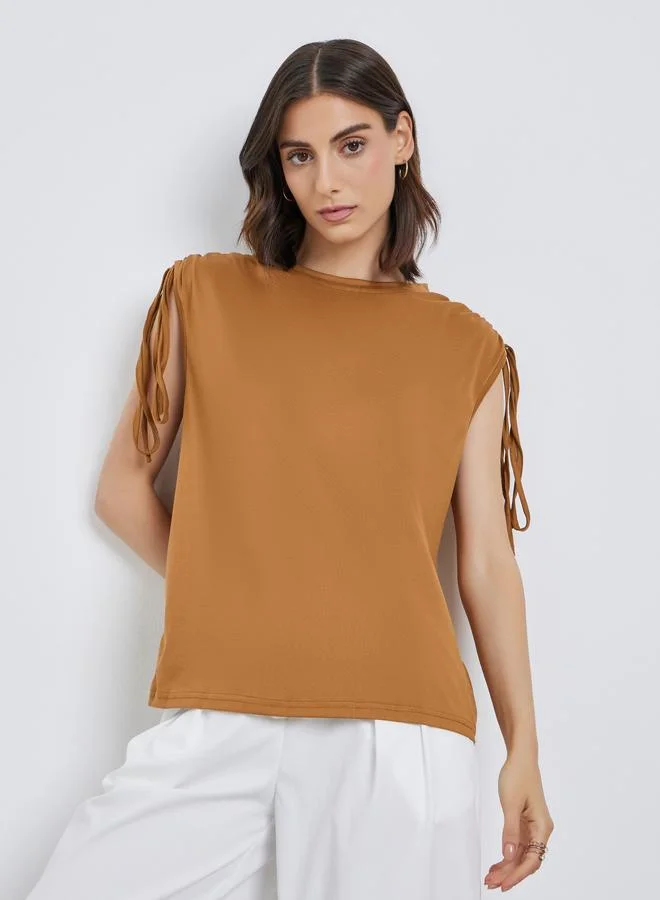 Take Two Take Two Solid Sleeveless Tie-Up Shoulder T-Shirt