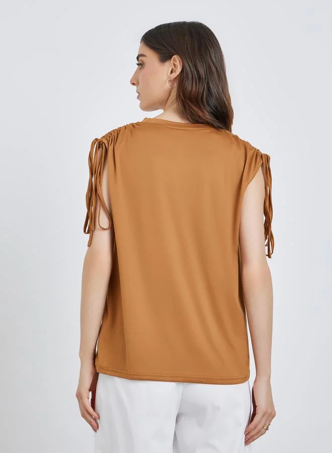 Take Two Take Two Solid Sleeveless Tie-Up Shoulder T-Shirt
