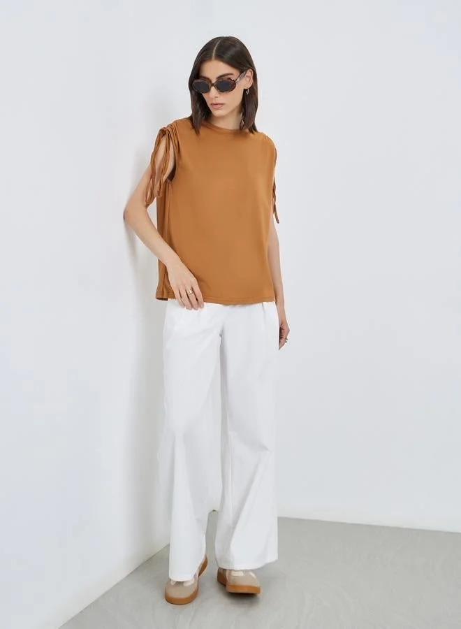 Take Two Solid Sleeveless Tie-Up Shoulder T-Shirt