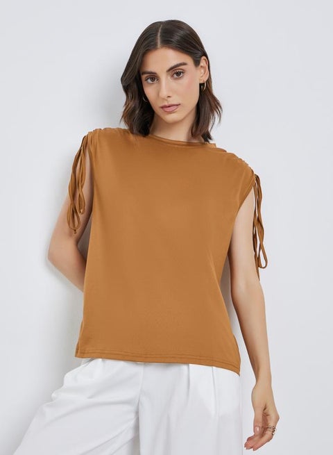 Solid Sleeveless Tie-Up Shoulder T-Shirt