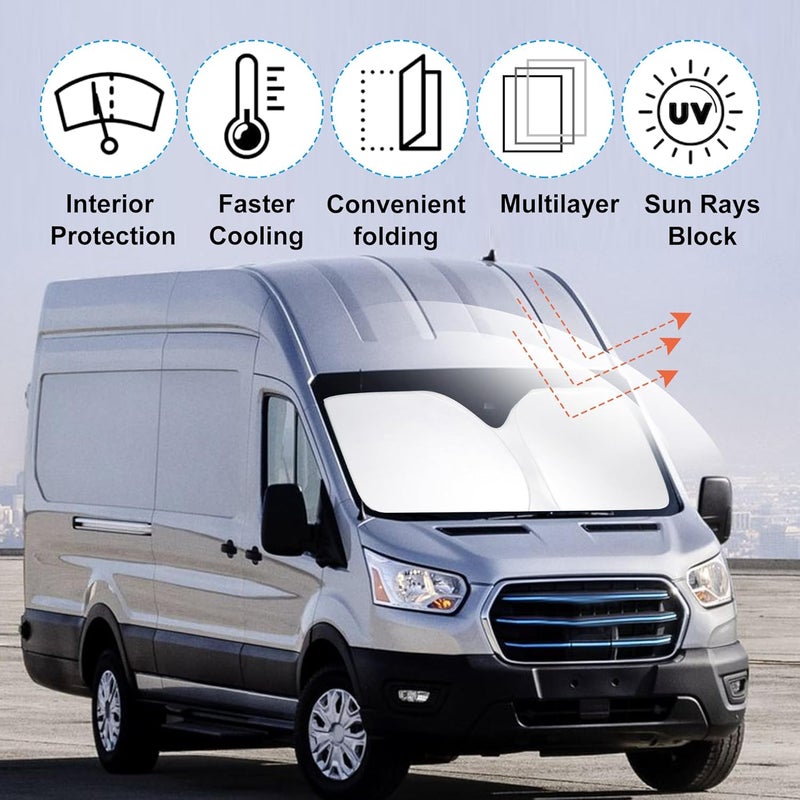 LHFLIVE Windshield Sun Shade Custom Fit for 2022 2023 2024 2025 2026 Ford E-Transit Accessories Foldable Sunshade Sun Blocker Protect Car from Sun Rays & Heat Damage Keep Car Cooler - Image 2