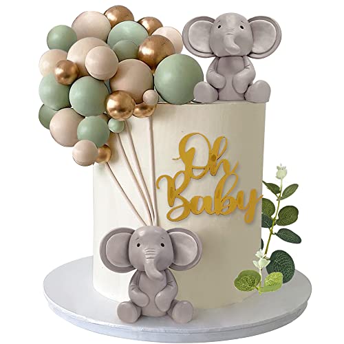 KDPATFAV 26 PCS Elephant Cake Decoration Pearl Balls Cake Picks Eucalyptus Leaves Decoration Elephant Baby Shower Cake Decoration - Image 1