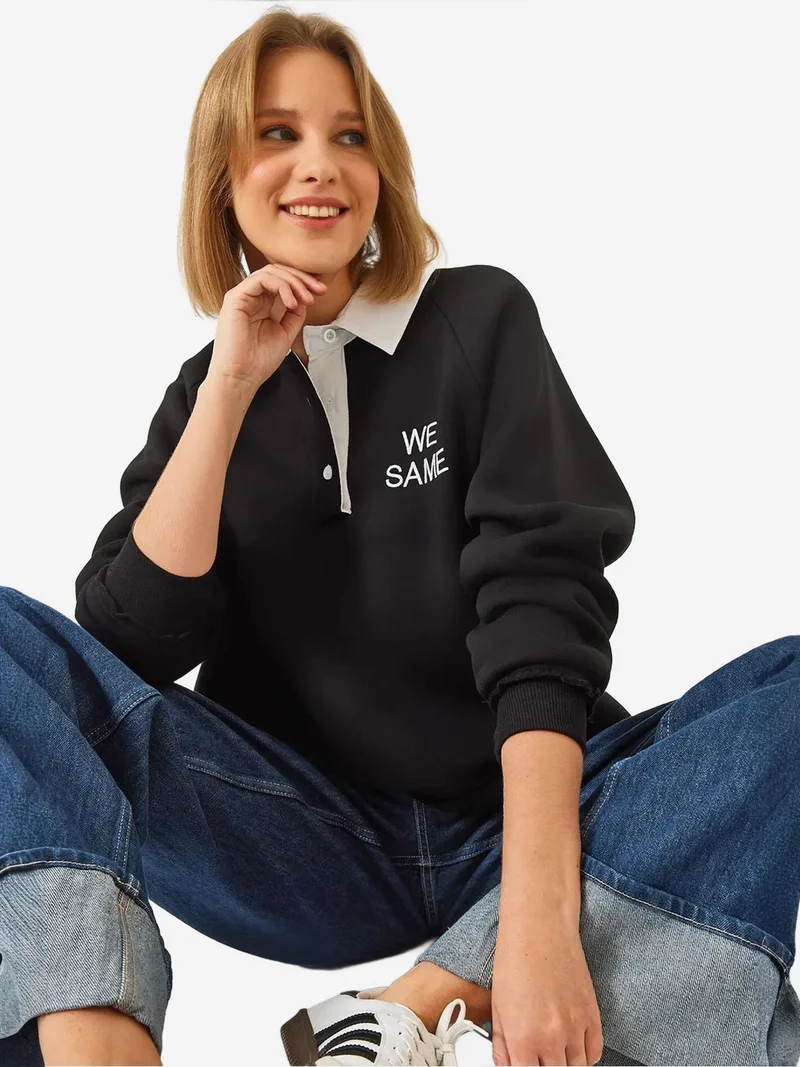 Bianco Lucci LUCCI Embroidered Polo Collar Long Sleeve Sweatshirt