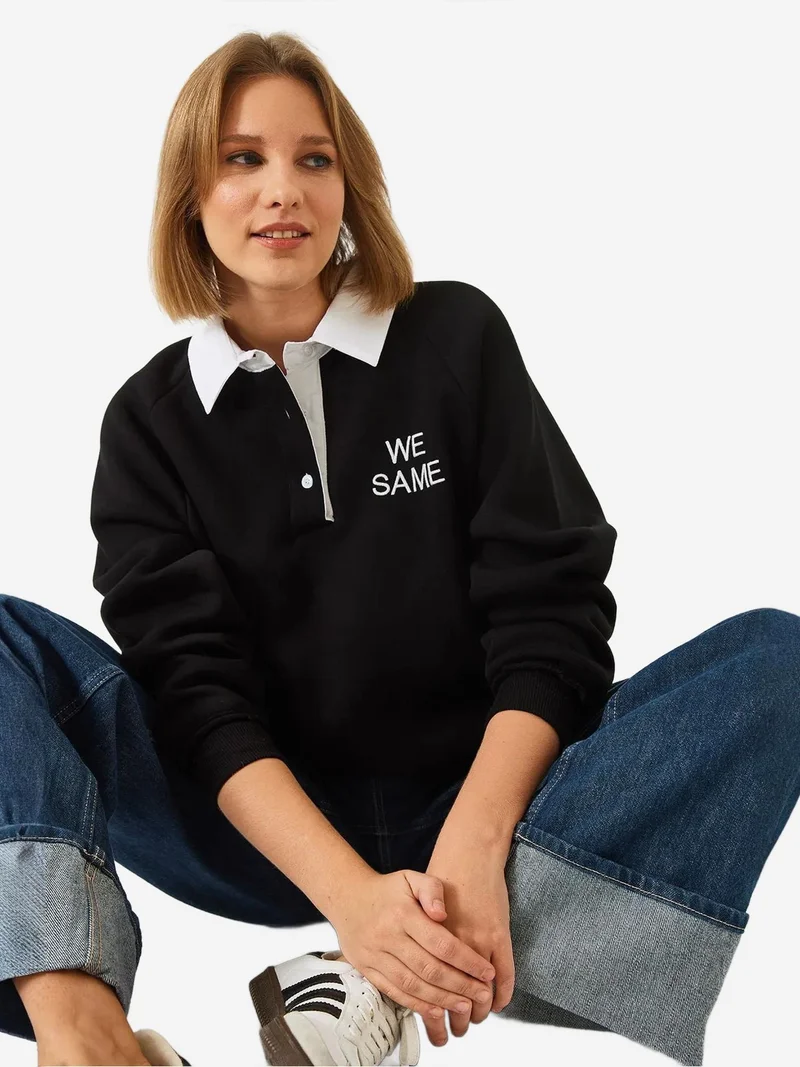 Bianco Lucci LUCCI Embroidered Polo Collar Long Sleeve Sweatshirt