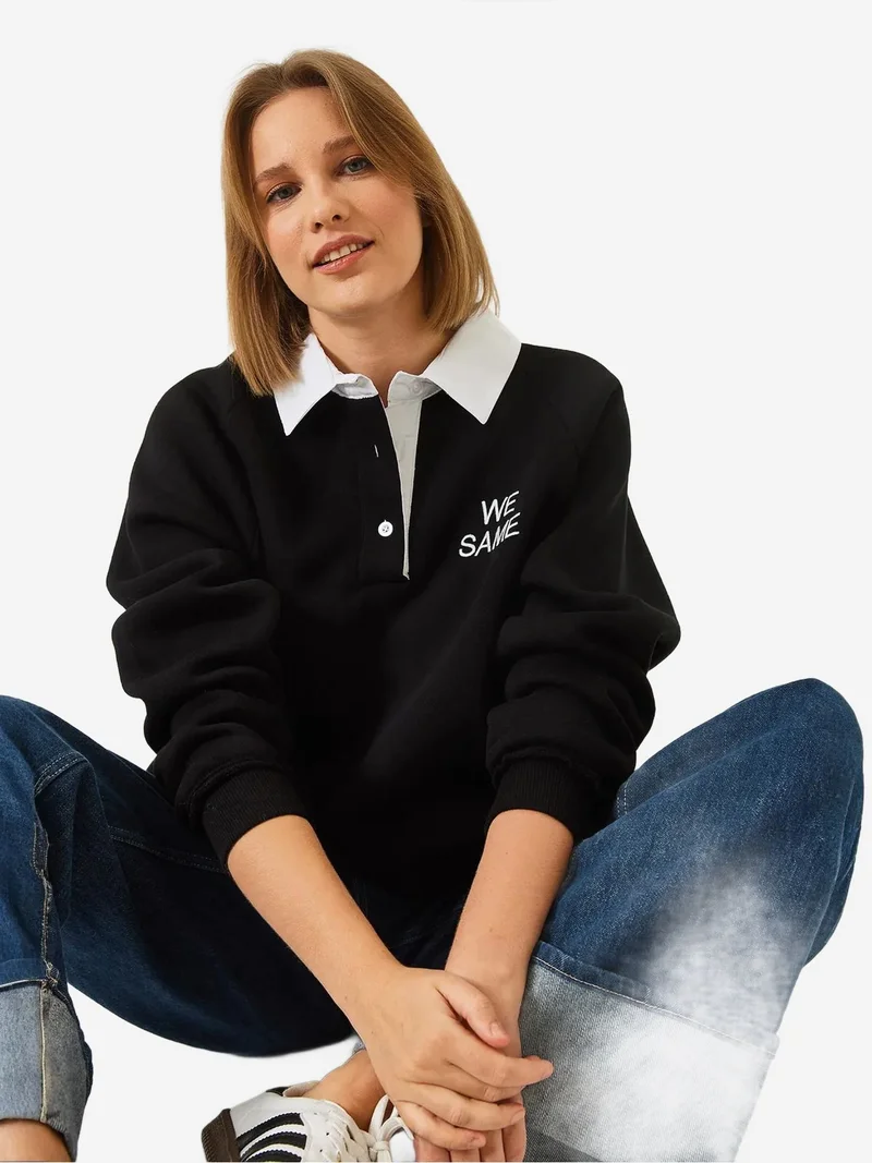 Bianco Lucci Black LUCCI Embroidered Polo Collar Long Sleeve Sweatshirt for Women | Best Price UAE