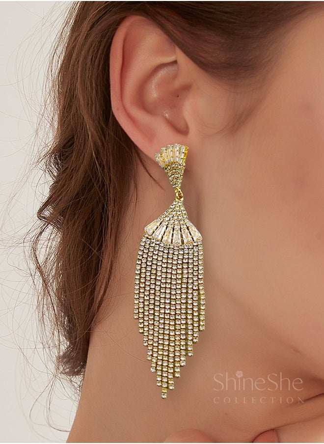 ShineShe Earring【Tango Queen】 New Dinner Party Fan-Shaped Diamond-Inlaid Long Tassel Earrings  - Image 1