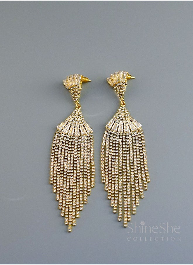 ShineShe Earring【Tango Queen】 New Dinner Party Fan-Shaped Diamond-Inlaid Long Tassel Earrings  - Image 2