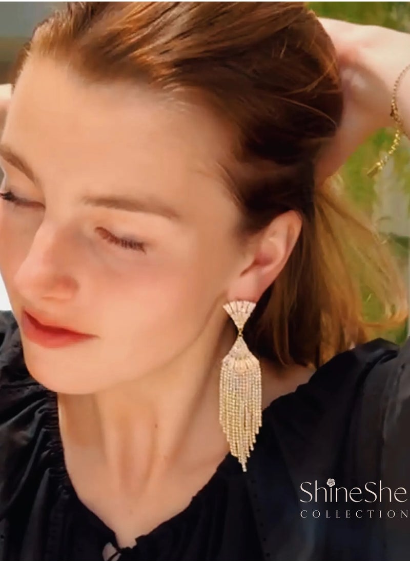 ShineShe Earring【Tango Queen】 New Dinner Party Fan-Shaped Diamond-Inlaid Long Tassel Earrings  - Image 4