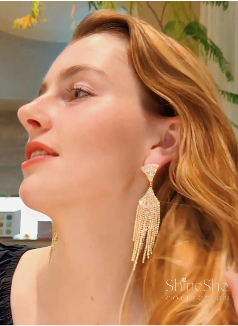 ShineShe Earring【Tango Queen】 New Dinner Party Fan-Shaped Diamond-Inlaid Long Tassel Earrings  - Image 5
