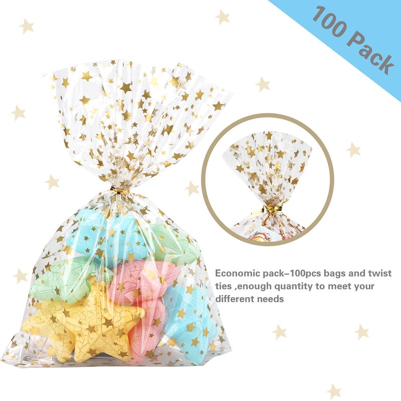 COQOFA 100 Pcs Star Printed 5"X 7" Gift Wrap Cello Cellophane Treat Bags Party Favor bags Clear Candy Cookie Bag Plastic Poly Goodie Storage Bag with Twist Ties for Bakery,Birthday, Wedding ,Party Decorations (Gold) - Image 3