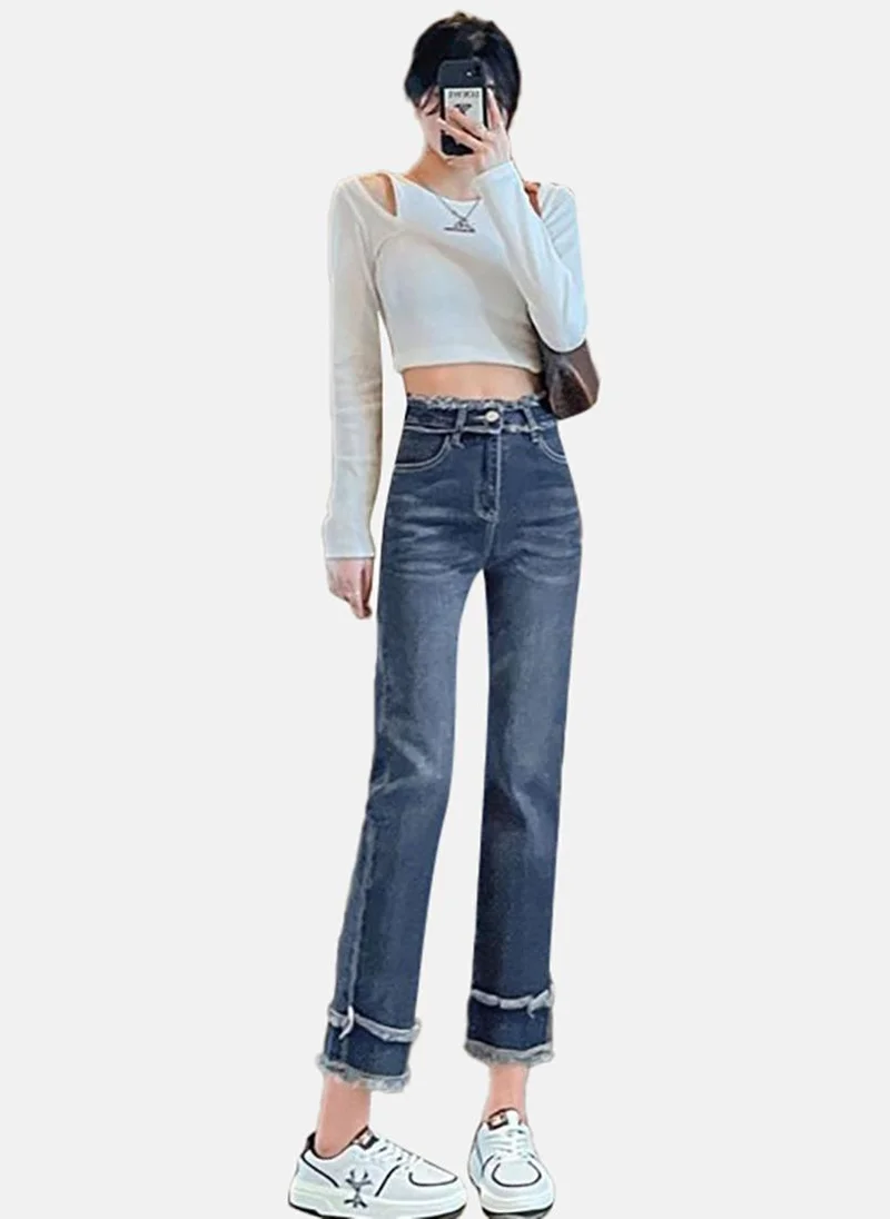 يونيكي Blue Solid Mid Rise Slim Straight Jeans