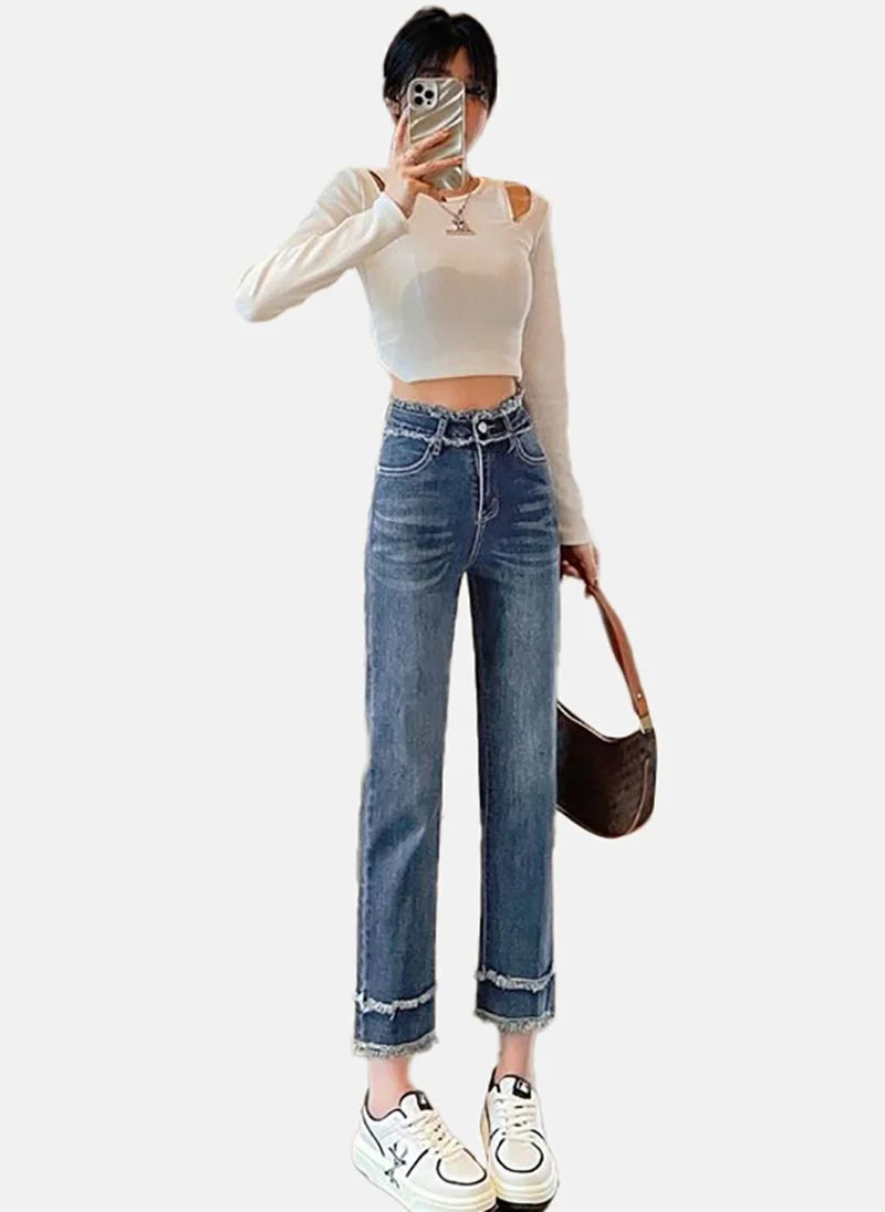يونيكي Blue Solid Mid Rise Slim Straight Jeans