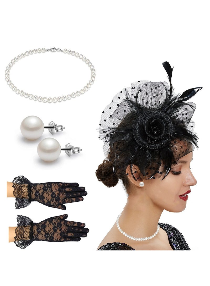 1950s Vintage Fascinator Hat, Faux Feather Mesh Net Hat Tea Party Headwear with Veil and Women Short Lace Gloves and 3 Pcs Necklace Earrings Set Costume Accessories for Girls Wedding (Black)  - Image 1