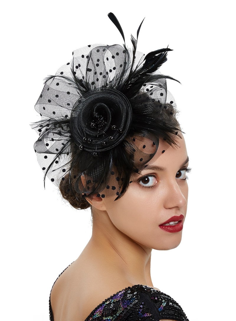 1950s Vintage Fascinator Hat, Faux Feather Mesh Net Hat Tea Party Headwear with Veil and Women Short Lace Gloves and 3 Pcs Necklace Earrings Set Costume Accessories for Girls Wedding (Black)  - Image 2