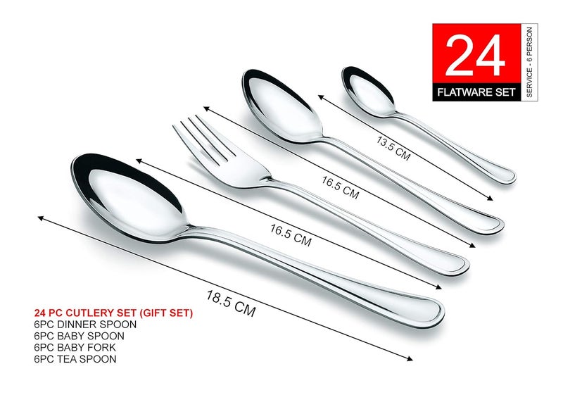 Tiara Royal 24 Piece Stainless Steel Cutlery Set 6PC Dinner Spoon 6PC Baby Spoon 6PC Baby Fork 6PC Tea Spoon Gift Sets - Image 2
