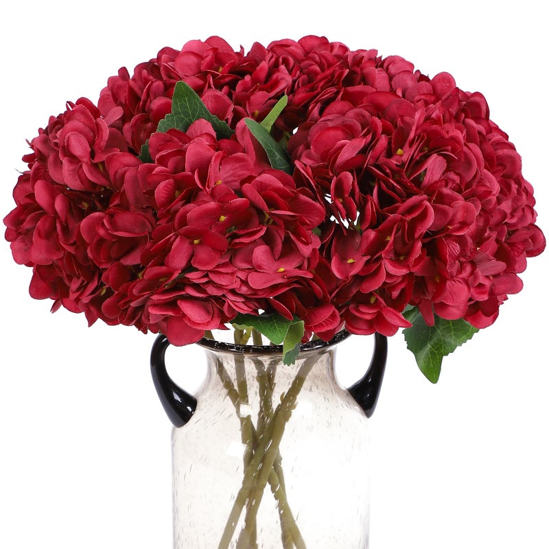Kimuras Cabin 6Pcs Burgundy Fake Hydrangea Flowers Artificial Silk Hydrangeas Flowers with Stems Hydrangea Bouquets for Home Wedding Baby Shower Birthday Party Decoration Dark Red