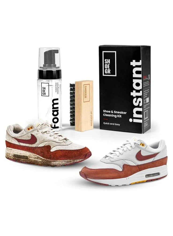 SHOEGR Instant Shoe Cleaning Kit | 150ml Shoe Cleaning Foam & 1 All-Purpose Brush, White Shoe Cleaning Kit, Shoe Cleaner Kit For Sneakers, Sports, Suede, Rubber | Shoe Cleaner Foam Spray - Image 1