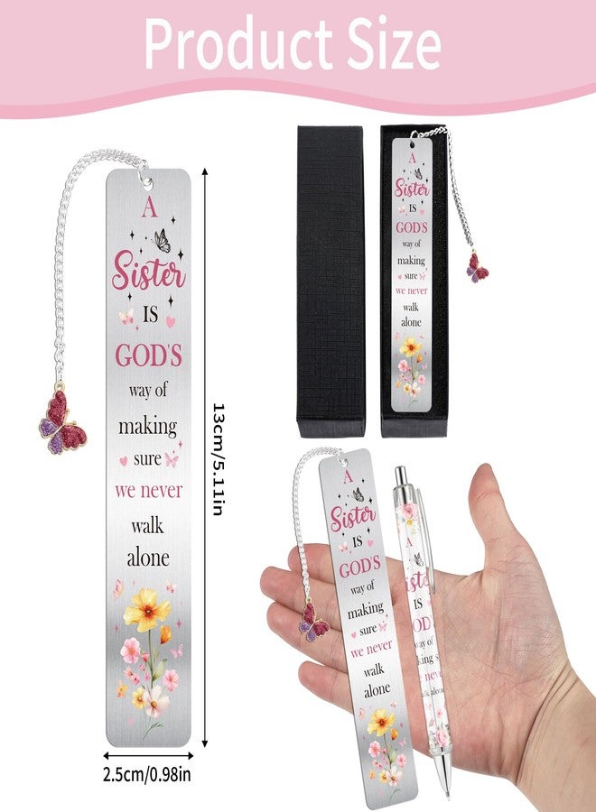 RUBOAOA Sisters Gifts from Sister, Cute Pink Bookmark and Pen Gift Set, Floral Metal Book Mark with Butterfly Charm, Christian Gifts for Women Girls, Birthday Valentine Christmas Stocking Stuffer - Image 2