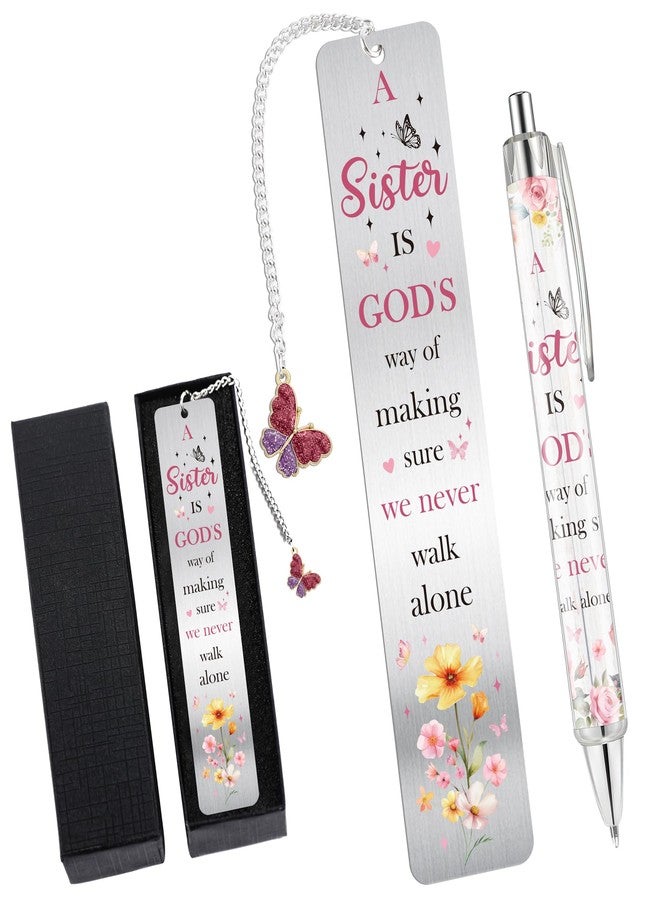 RUBOAOA Sisters Gifts from Sister, Cute Pink Bookmark and Pen Gift Set, Floral Metal Book Mark with Butterfly Charm, Christian Gifts for Women Girls, Birthday Valentine Christmas Stocking Stuffer - Image 1