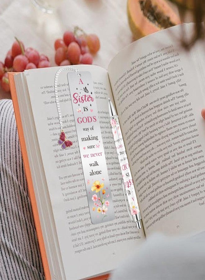 RUBOAOA Sisters Gifts from Sister, Cute Pink Bookmark and Pen Gift Set, Floral Metal Book Mark with Butterfly Charm, Christian Gifts for Women Girls, Birthday Valentine Christmas Stocking Stuffer - Image 4