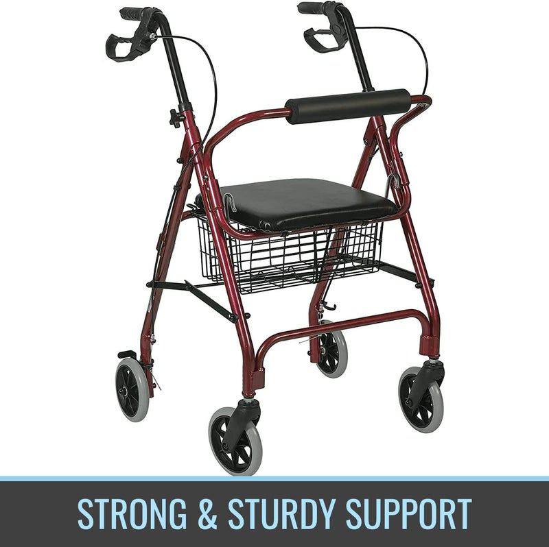 DMI Ultra Lightweight Folding Aluminum Rollator Walker with Adjustable Handle Height FSA and HSA Eligible Cushioned Flip Up Seat and Convenient Storage Basket Burgundy - Image 3