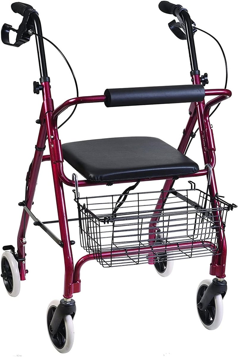 DMI Ultra Lightweight Folding Aluminum Rollator Walker with Adjustable Handle Height FSA and HSA Eligible Cushioned Flip Up Seat and Convenient Storage Basket Burgundy - Image 1
