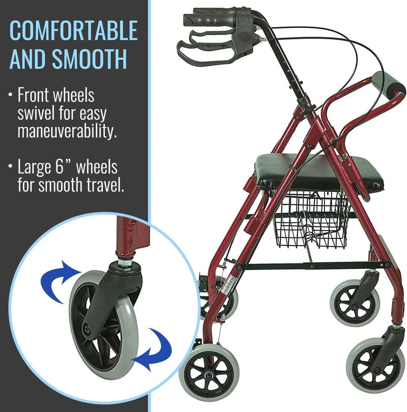 DMI Ultra Lightweight Folding Aluminum Rollator Walker with Adjustable Handle Height FSA and HSA Eligible Cushioned Flip Up Seat and Convenient Storage Basket Burgundy - Image 5