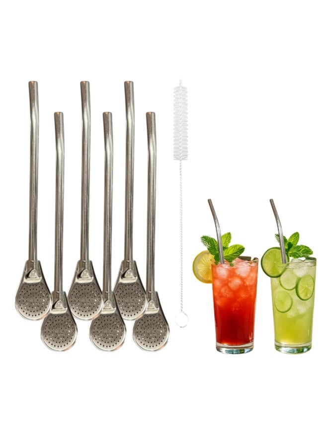 صوبهيز مجموعة مصاصات بملعقة بفلتر من الستانلس ستيل، خامة 304، بطول 21.5 سم، تصميم مُرشّح مقاوم للصدأ، لون فضي، طقم ٧ قطع (٦ مصاصات + فرشاة تنظيف)، آمن لغسالة الصحون (سيلفر L فلتر) – صوبهيز - Image 1