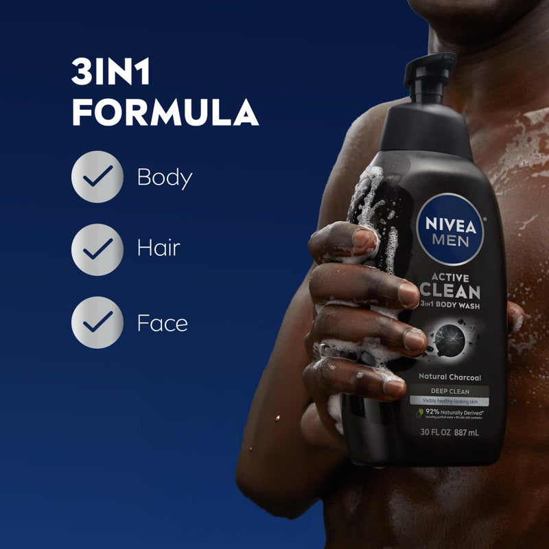 NIVEA Men Active Clean Body Wash with Natural Charcoal for Normal to Oily Skin, 3-in-1 Charcoal Body Wash, Face and Hair, Draws Out Dirt and Impurities, 30 Fl Oz Bottle - Image 2