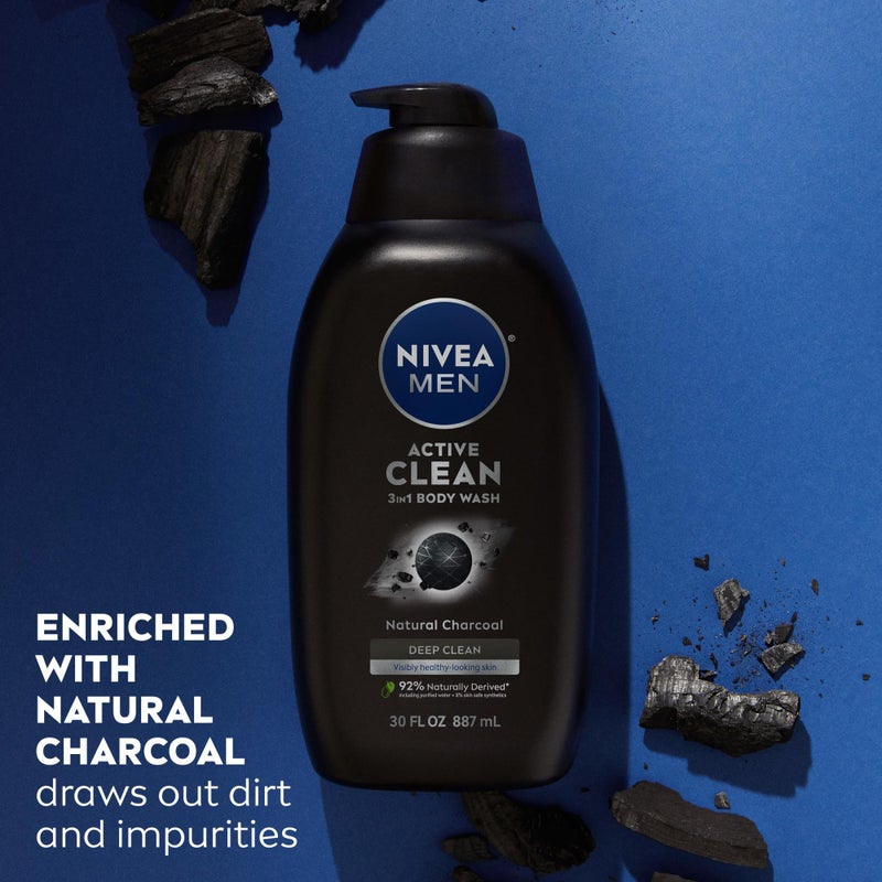 NIVEA Men Active Clean Body Wash with Natural Charcoal for Normal to Oily Skin, 3-in-1 Charcoal Body Wash, Face and Hair, Draws Out Dirt and Impurities, 30 Fl Oz Bottle - Image 3
