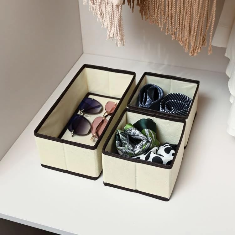 VAALZEE VAALZEE Set of 6 Foldable Drawer Organizers Fabric Closet Storage Dividers for Underwear Bras Socks Lingerie Shirts and More Clothing Storage Organizer Boxes for Dresser and Closet Beige - Image 3