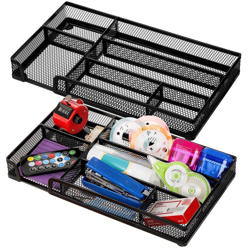 Noamus 2 Pack Desk Drawer Organizer, Metal Mesh Drawer Office Tray, 6 Compartments Pen Organizer Storage Box, Desktop Basket Accessories for Home Office School Kitchen Vanity Supplies, Black - Image 1