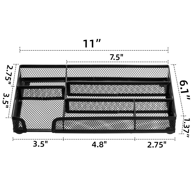 Noamus 2 Pack Desk Drawer Organizer, Metal Mesh Drawer Office Tray, 6 Compartments Pen Organizer Storage Box, Desktop Basket Accessories for Home Office School Kitchen Vanity Supplies, Black - Image 2