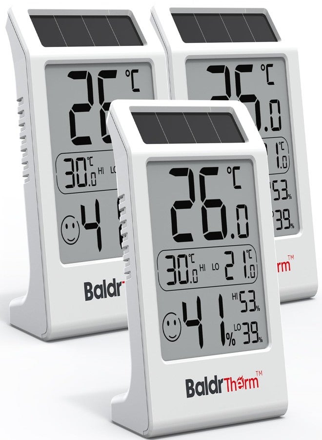 مقياس رطوبة BaldrTherm، مقياس حرارة للغرف، يعمل بالطاقة الشمسية، جهاز استشعار رقمي داخلي لدرجة الحرارة، مقياس رطوبة 3.2 بوصة لغرف الأطفال والمنزل والمكتب، عبوة من 3 قطع - Image 1