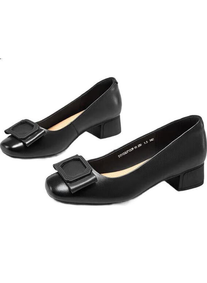 YEARCON Comfortable Mom Fashion Shoes Shallow Mouth Single Shoes Thick Heel Work Leather Shoes 27132W Black 2 39 - Image 2