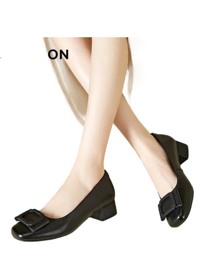 YEARCON Comfortable Mom Fashion Shoes Shallow Mouth Single Shoes Thick Heel Work Leather Shoes 27132W Black 2 39 - Image 3