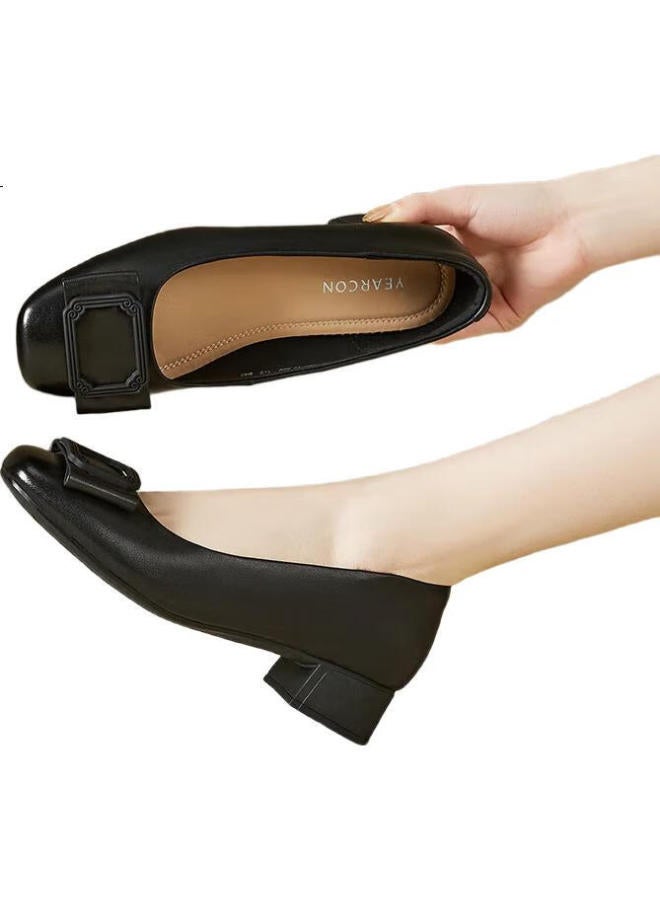 YEARCON Comfortable Mom Fashion Shoes Shallow Mouth Single Shoes Thick Heel Work Leather Shoes 27132W Black 2 39 - Image 1