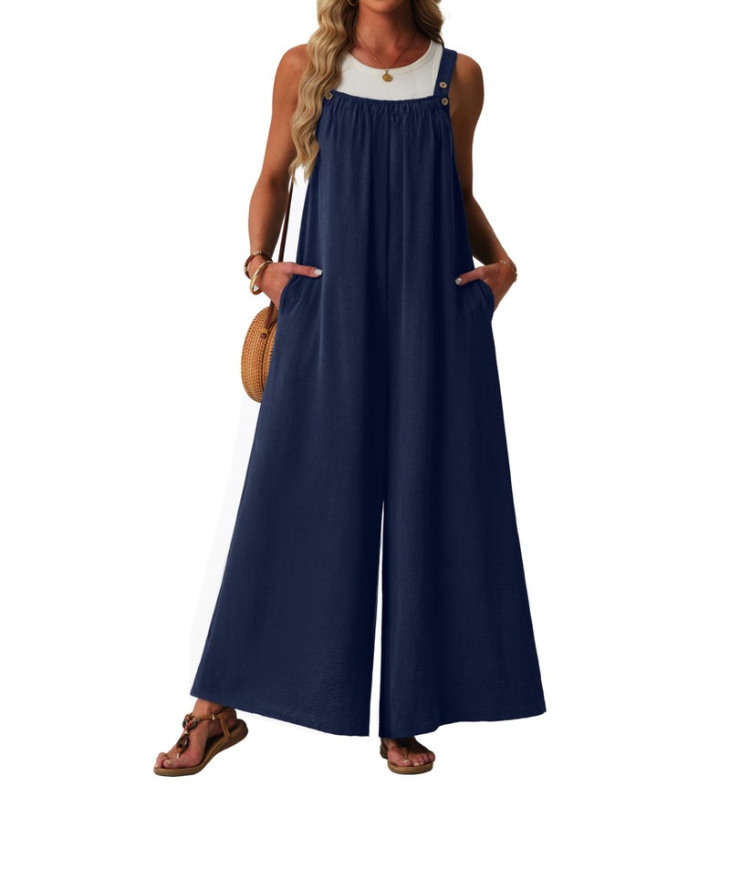 Lepunuo Womens Casual Jumpsuits Summer Boho Wide Leg Rompers Sleeveless Overalls Pleated Jumpers with Pockets - Image 1