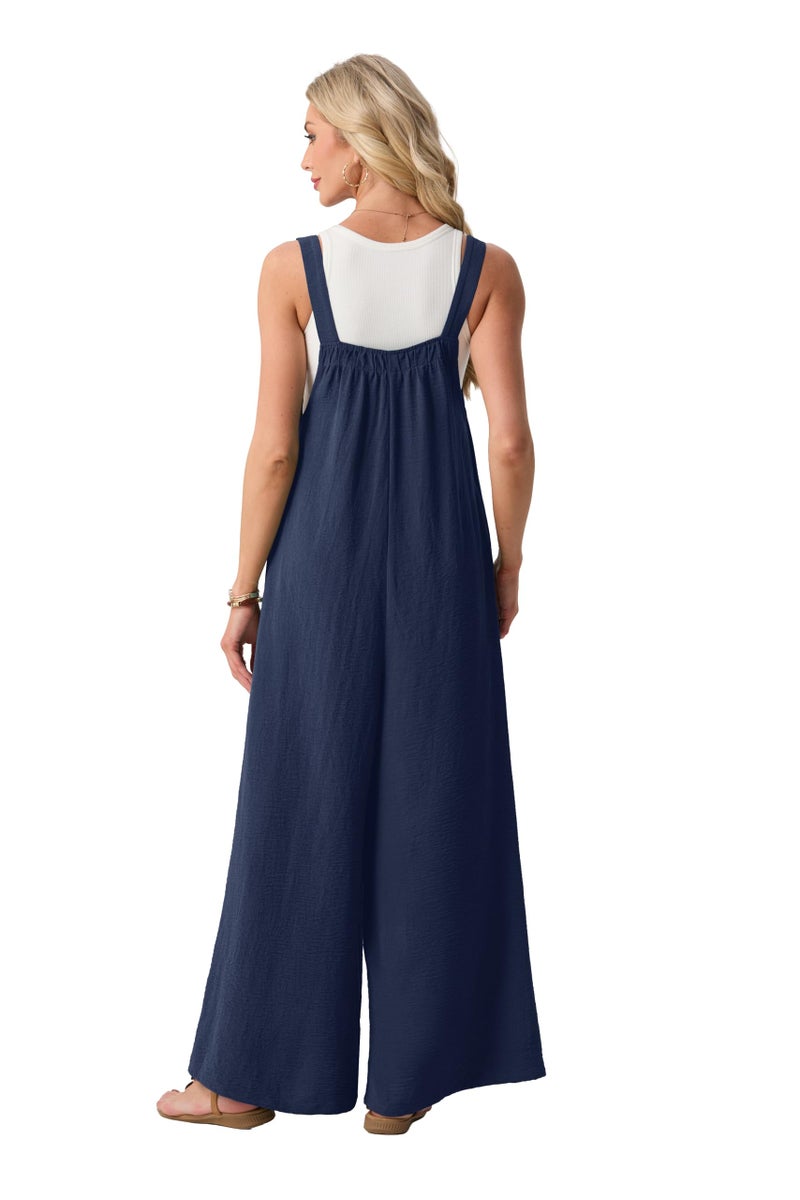 Lepunuo Womens Casual Jumpsuits Summer Boho Wide Leg Rompers Sleeveless Overalls Pleated Jumpers with Pockets - Image 5
