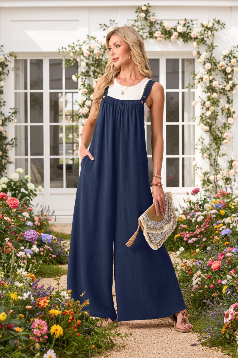 Lepunuo Womens Casual Jumpsuits Summer Boho Wide Leg Rompers Sleeveless Overalls Pleated Jumpers with Pockets - Image 4