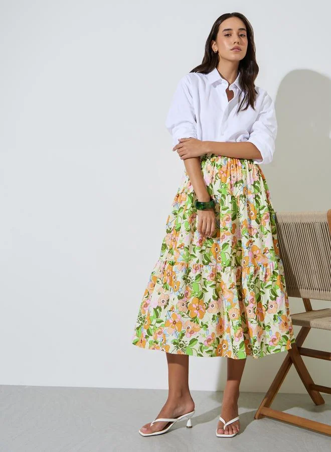 Multi Floral Print Midi Skirt