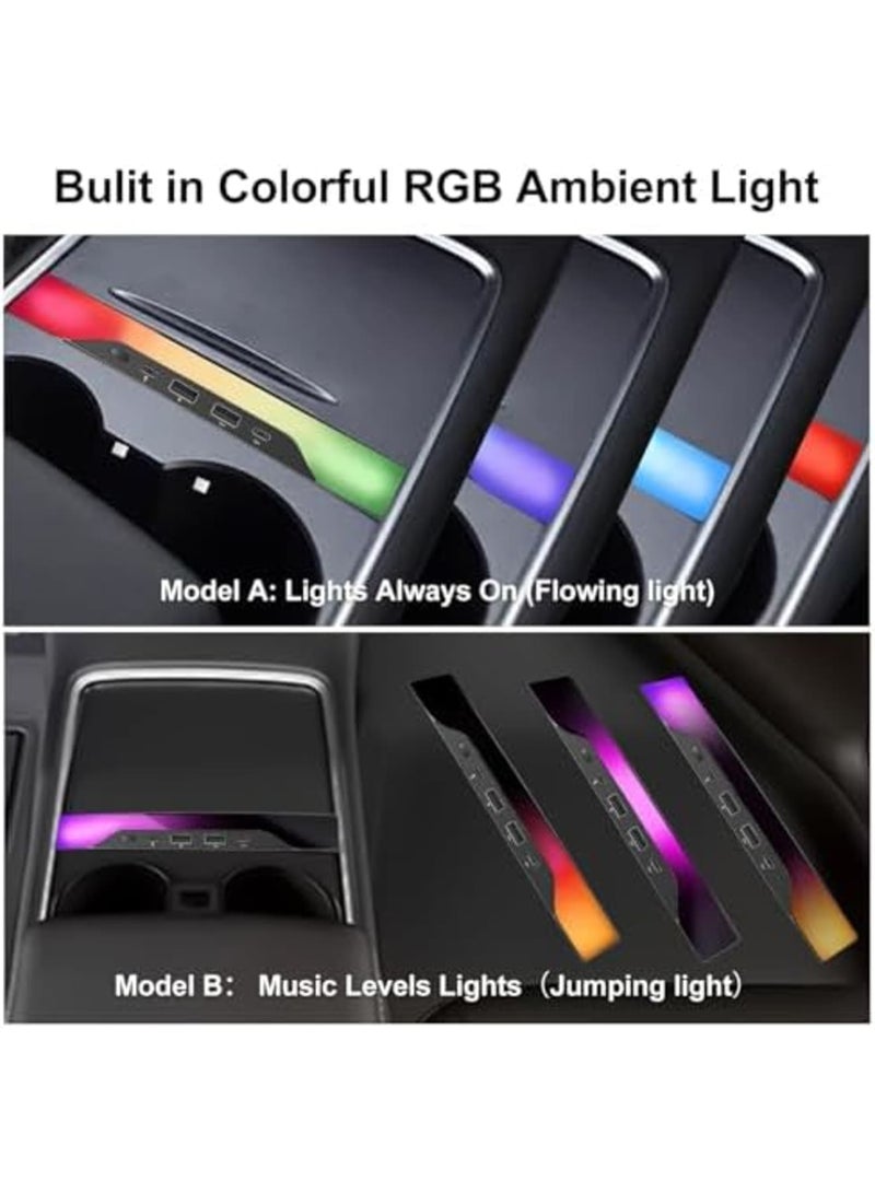 SYOSI USB Hub for Tesla Model 3/Y Accessories (2021-2024), Multi-Port Fast Charger with RGB Ambient Lighting, Tesla Center Console Docking Station, Compatible with Model 3 & Y (Not for Model 3 2024) (Black) - Image 4